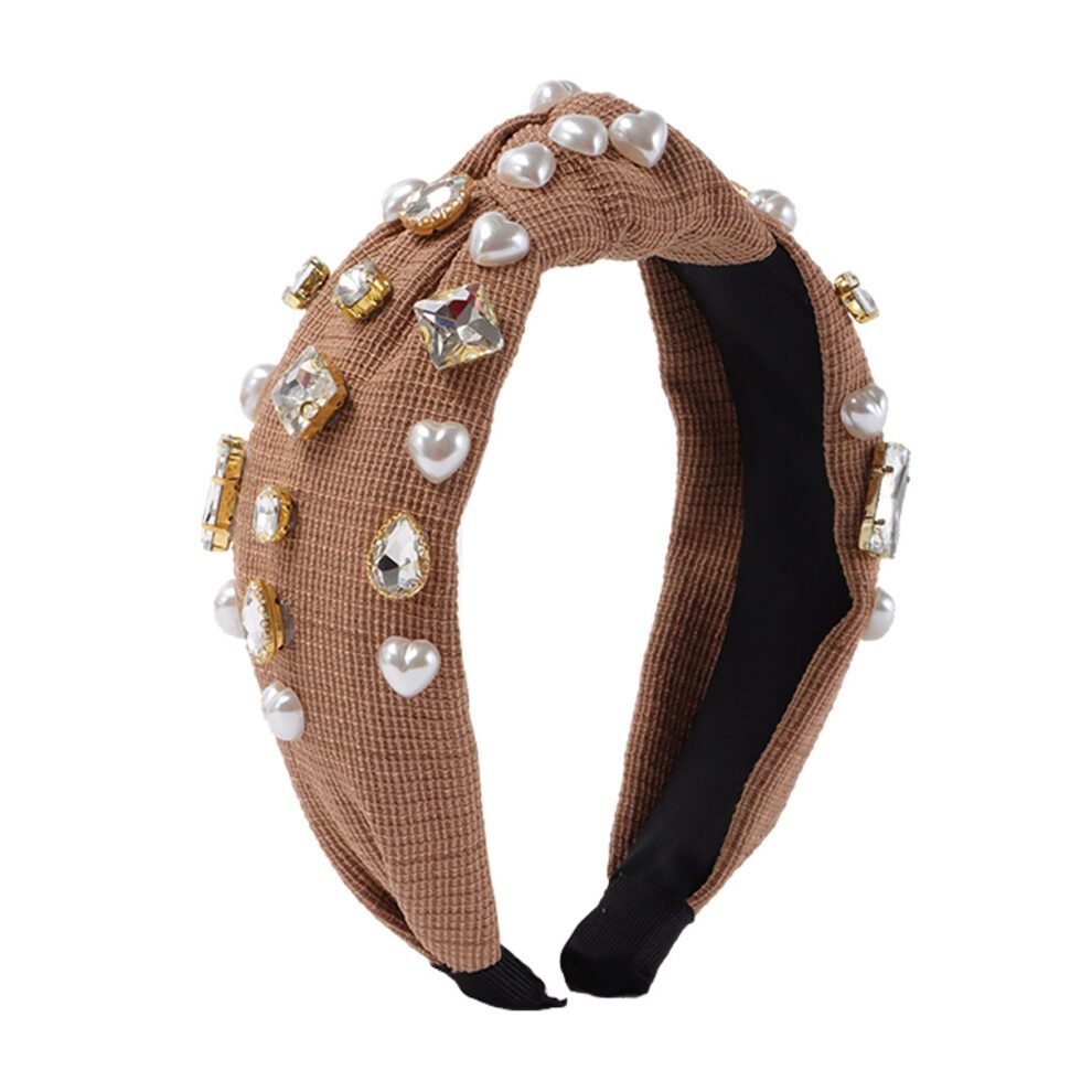 Khaki Personalized Design Heart Imitation Pearl Knot Headband-hb0019-