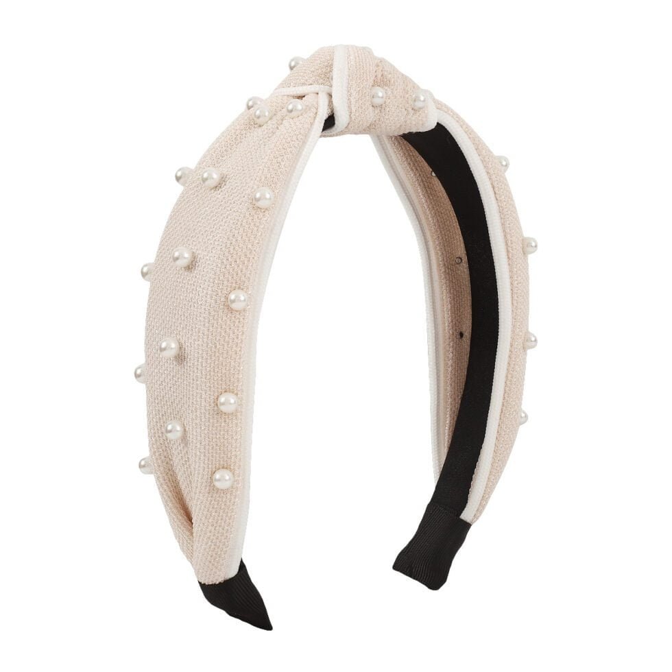 beige Fashion Knotted Fabric Imitation Pearl Headband-hb0027-