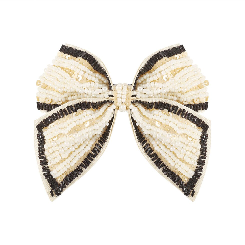 beige Personalized Sequin Beaded Bow Hair Clip-hrc001-