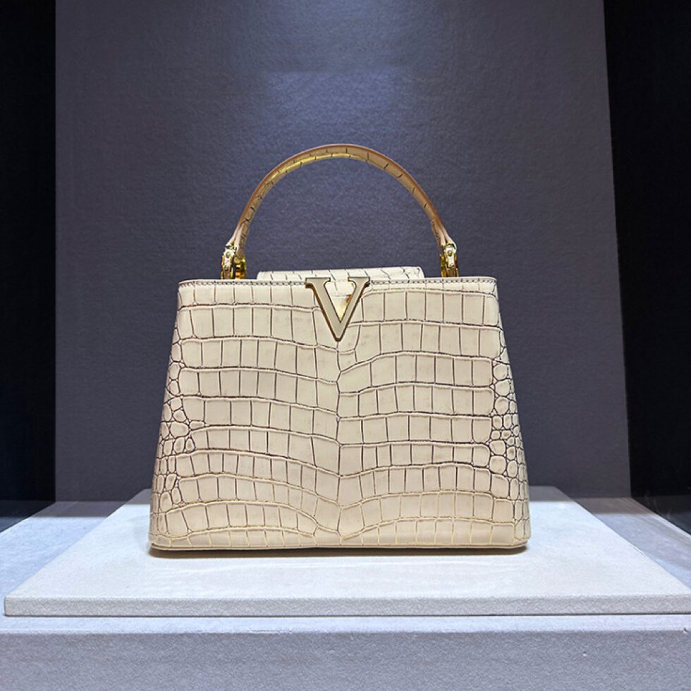 Beige  Compound Cowhide Crocodile Leather Glossy Handbag-bag014-b