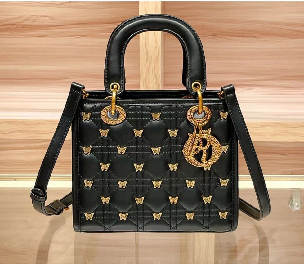 black Leather Diamond Check Fashion Handbag Single Shoulder Crossbody Bag Diana Handbag-bag023-b