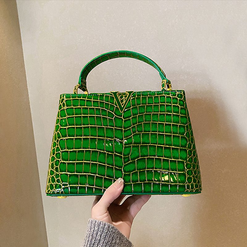 green  Compound Cowhide Crocodile Leather Glossy Handbag-bag014-d