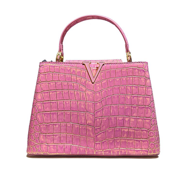 Pink Compound Cowhide Crocodile Leather Glossy Handbag-bag014