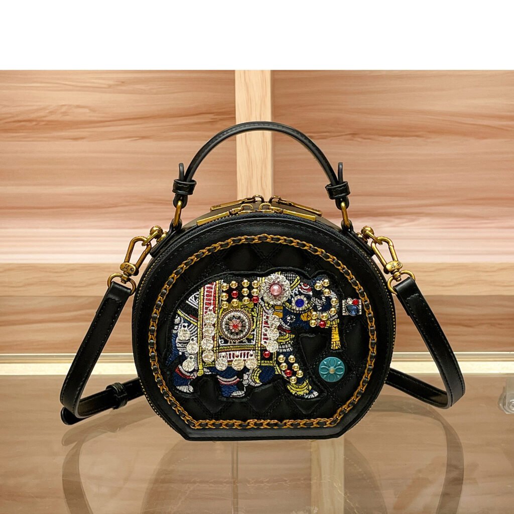 Elephant Round Cake Bag Women's New Embroidered Diamond Check Hand Bill Of Lading Shoulder Crossbody-bag139-b