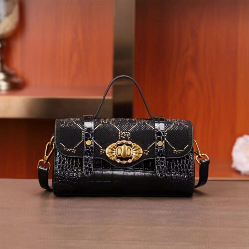 Leather Diamond-encrusted Handbag Locking Cambridge Bag Small Shoulder Crossbody Bag-bag078-b